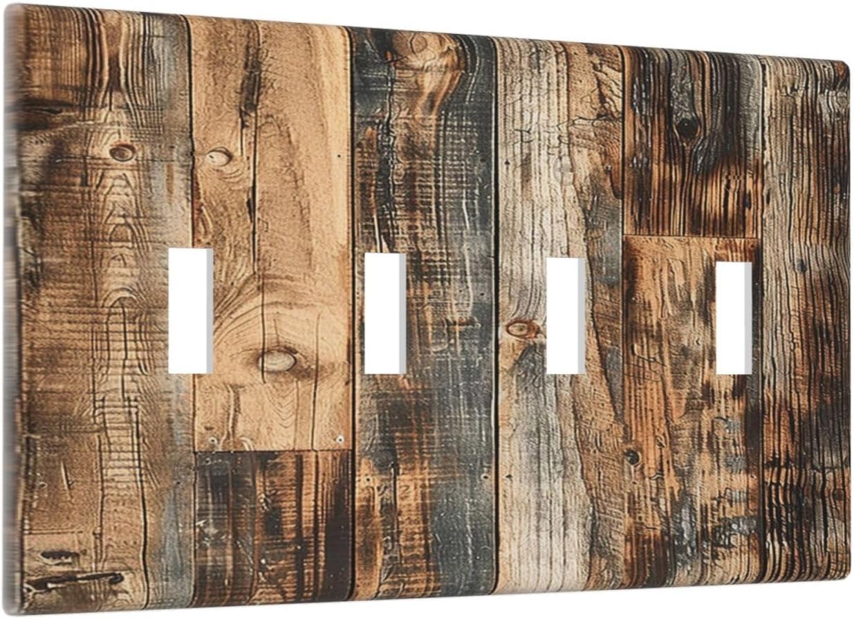 Light Switch Covers Rustic Brown Wood Pattern Splice Plank Quad Toggle Electrical Faceplate 4 Gang Wall Plate Decorative Switch Plates For Farmhouse Cabin Decor