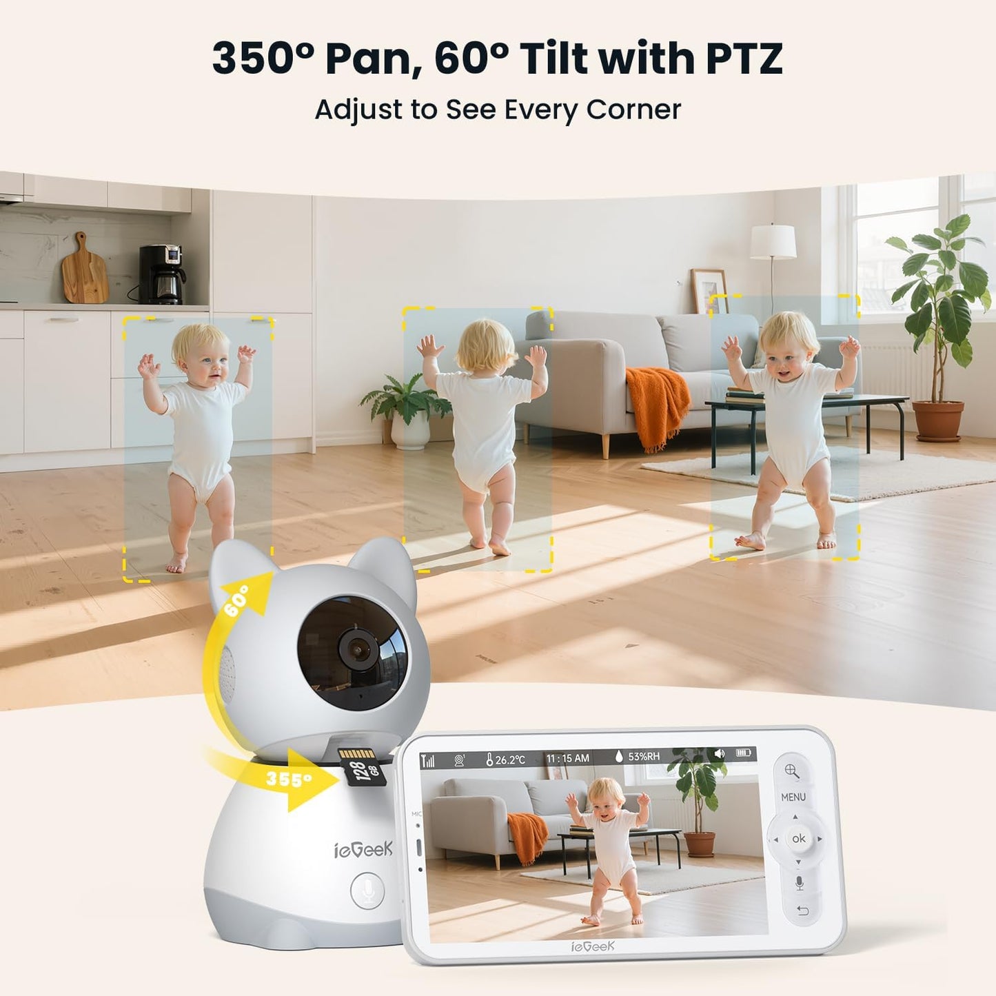ieGeek Baby Monitor with 5" HD Screen, 2K Camera & Night Vision – WiFi/No-WiFi Dual Mode, PTZ, Cry/Motion Detection, 2-Way Audio, Temp/Humidity Sensor, Auto Tracking, Secure App & Remote Contro
