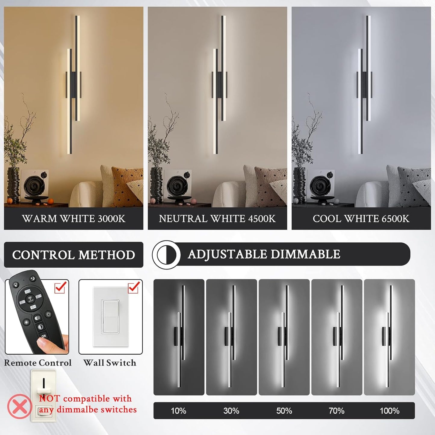 LED Wall Sconce Black Modern Remote Wall Light Fixtures for Living Room, Dimmable LED Vanity Light Indoor Remote Wall Sconce for Bedside Bedroom Bathroom Dining Room, 39.4inch 1 Pack