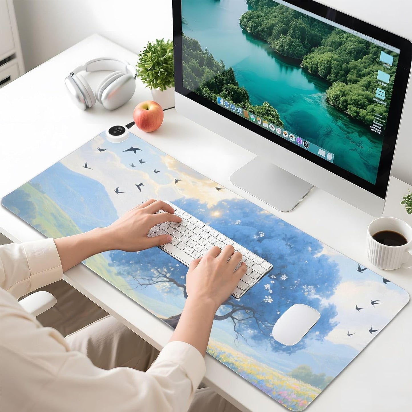 Large Heated Mouse Pad,Leather Desk Mat,31.5"x13",Hand Warmer Pads for Desk,Scenery Tree Flower(Blue)