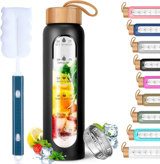 Aqulea Glass Water Bottles 25 Oz with Silicone Sleeve - BPA Free Reusable Wide Mouth Glass Motivational Water Bottles with Fruit Infuser – Leak Proof Borosilicate Water Bottle with Time Marker (Black)