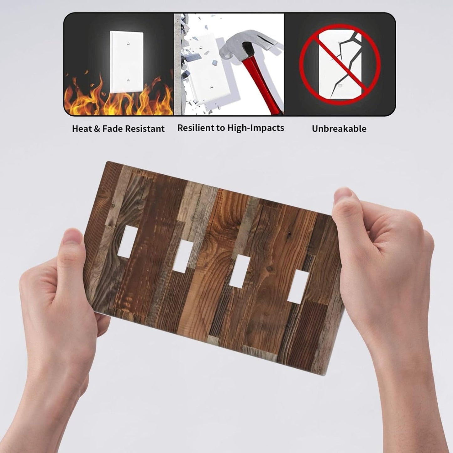 Vintage Brown Wooden Boards Print Wood Grain Light Switch Covers Quad Toggle Electrical Faceplate 4 Gang Wall Plate Decorative Switch Plates for Farmhouse Home Decor