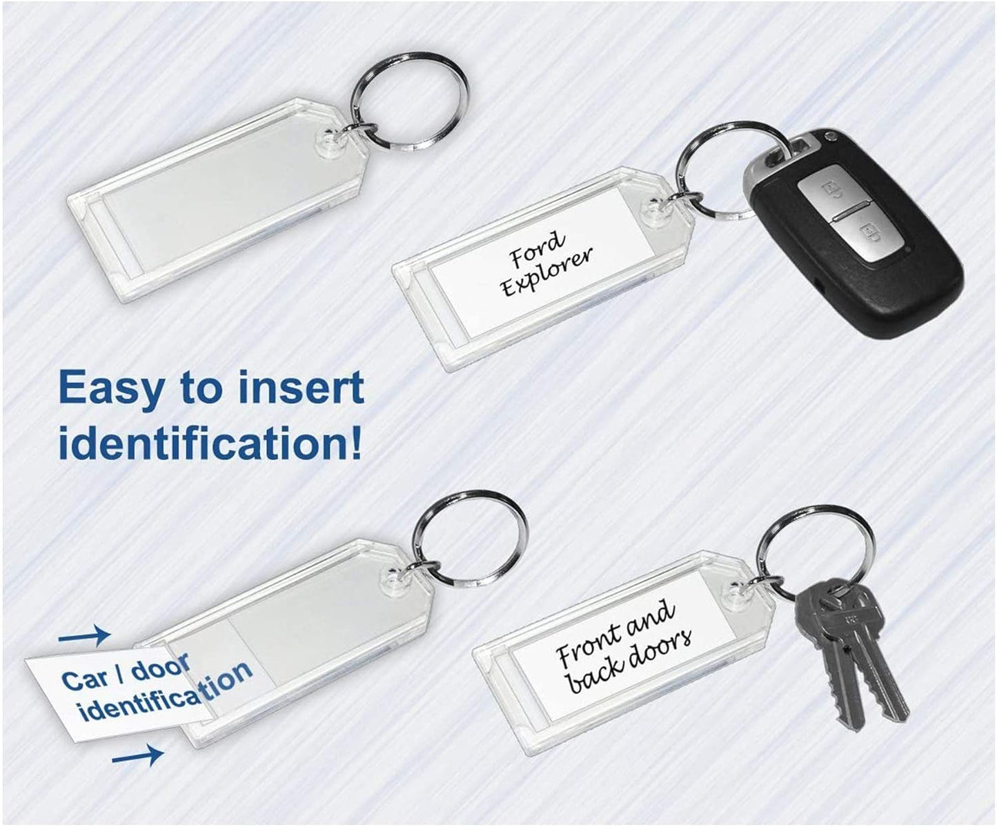 Premium Key Tag 3” Slip-Slot Plastic Heavy Duty (Clear Crystal Color) (36 Pack) (Label and Ring included) (Made in USA)
