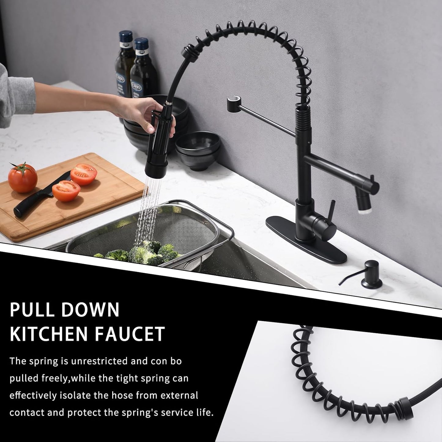 AIMADI Matte Black Kitchen Faucet with Soap Dispenser Include 10 Inch Hole Cover Deck Plate