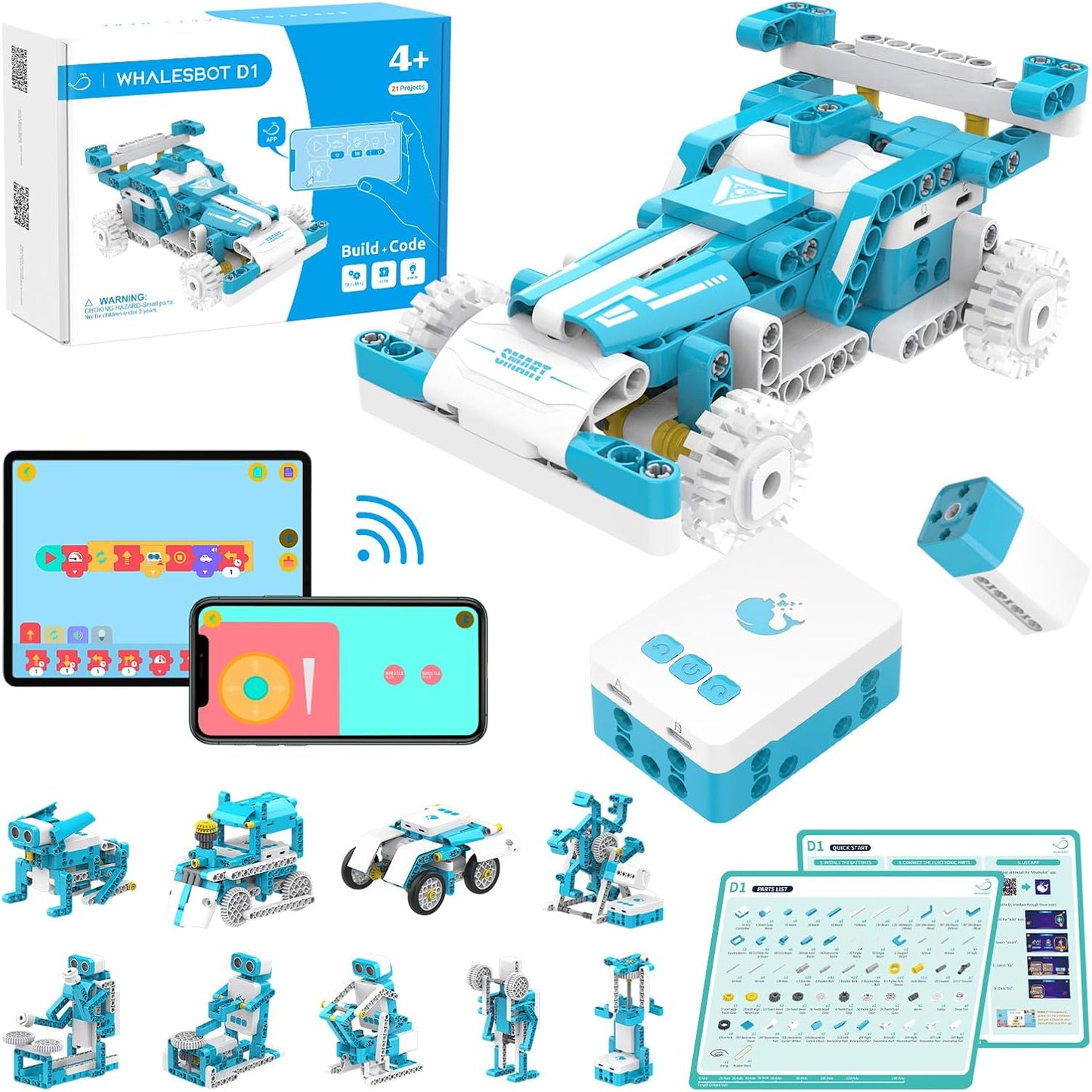 WhalesBot D1 21-in-1 STEM Coding Robot Kit for Kids (Ages 4+), 280+ Pieces Educational Building Set with APP-Controlled & Programming, 3D APP Guidance, Ideal Toy Gift for Boys & Girls