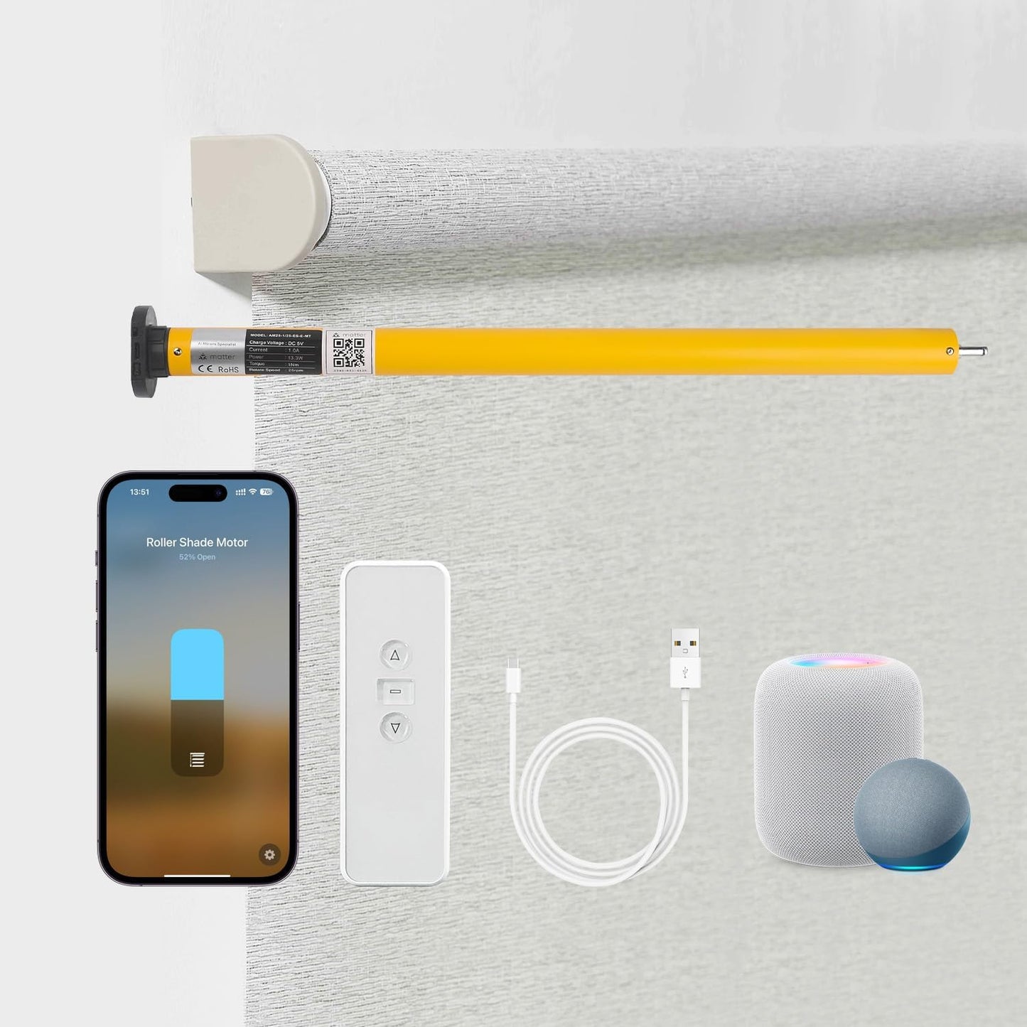 Matter Smart Blinds Motor Kit for 1.5" Shade Tube, Type C Rechargeable Roller Shade Motor, Work with Thread Low Power Consumption, Home Assistant, Alexa, HomeKit Motorized Blinds