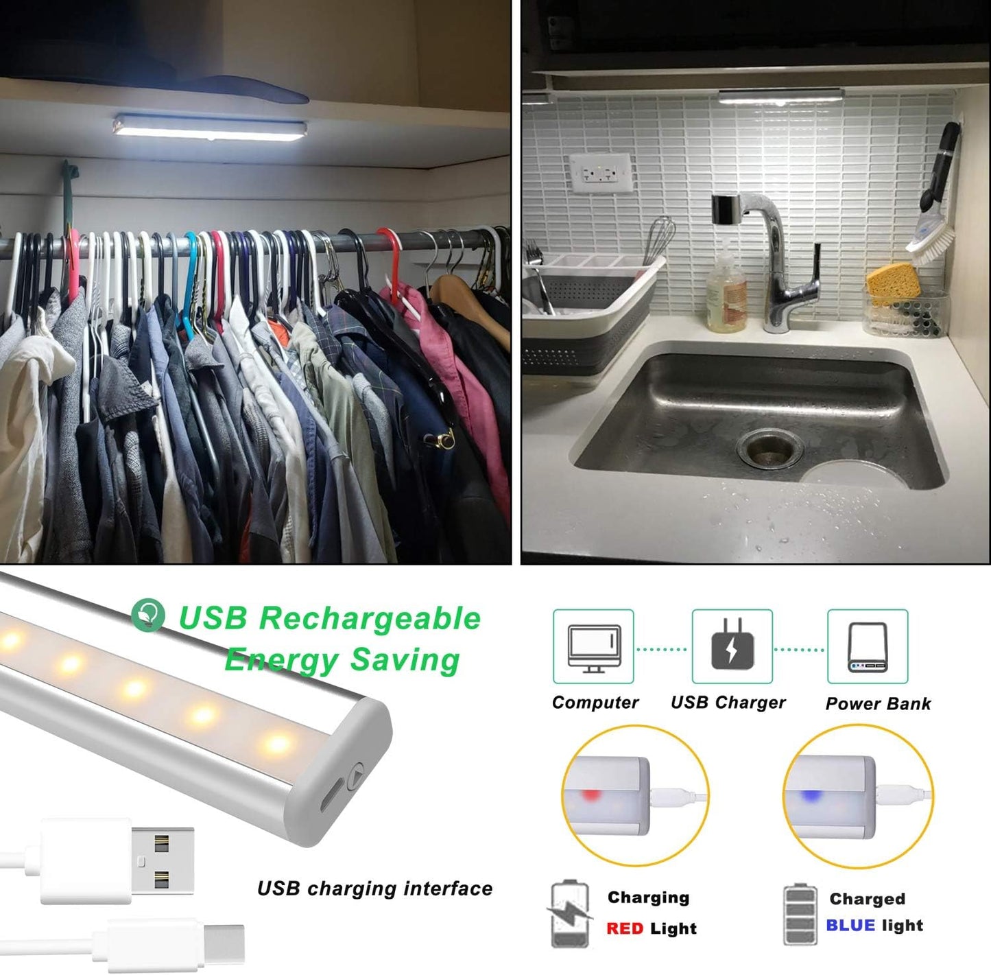 LDOPTO Under Cabinet Lights with Remote, Magnetic Rechargeable Under Counter Closet Lights, Wireless Night Light Bar Stick-On, for Kitchen Wardrobe Cupboard Stairs Bedroom, 2-Pack, Warm White