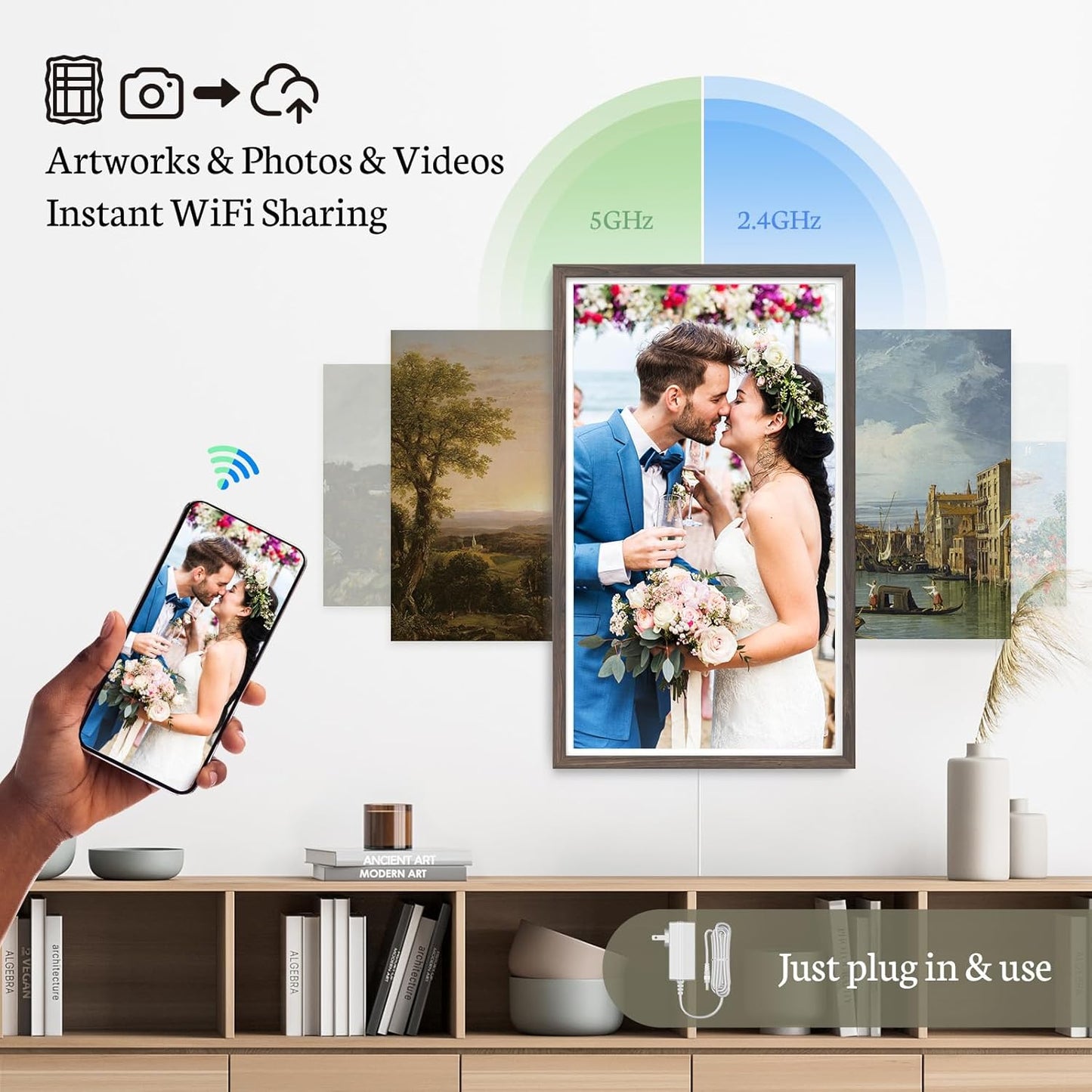 BSIMB 32 Inch Large Digital Picture Frame, Touchscreen 64GB 1920x1080 FHD WiFi Photo Frame Electronic Display Remote Control, Share Pictures/Videos via App/USB/SD Easy Setup Gifts for Mom, Dark Wood