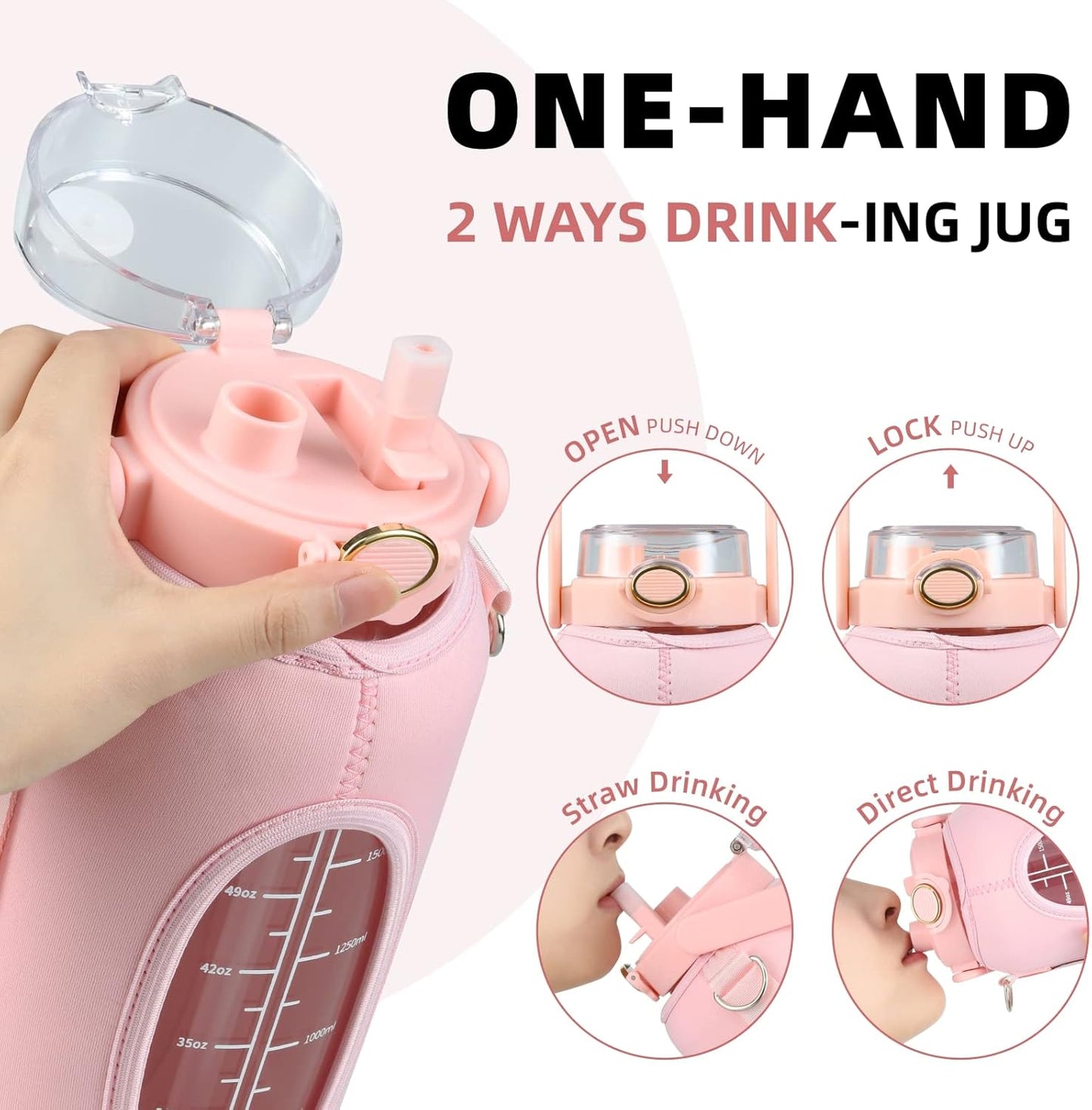 Half Gallon 64oz Glass Water Bottle with Straw and Storage Sleeve Motivational Water Bottle with Strap and Time to Drink 2L Leakproof Reusable Water Jug for Fitness Gym and Outdoors