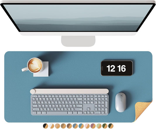 YSAGi Double-Sided Desk Pad, Leather Desk Mat, Eco Cork Desk Pad Protector, Large Mouse Pad for Desk, Waterproof Desk Blotter Pad, Desk Writing Pad for Office Work/Home(23.6"x13.7",Sea Blue+Cork)