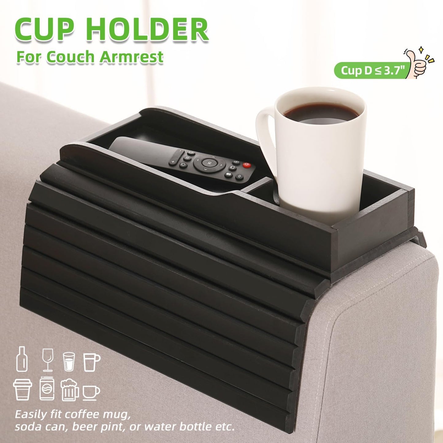 GEHE Couch Cup Holder, Anti Falling Sofa Arm Tray, Natural Bamboo Sofa Cup Holder More Safe for You Family, Portable Couch Arm Tray Armrest Table for Remote, Snacks, Phone, Drinks
