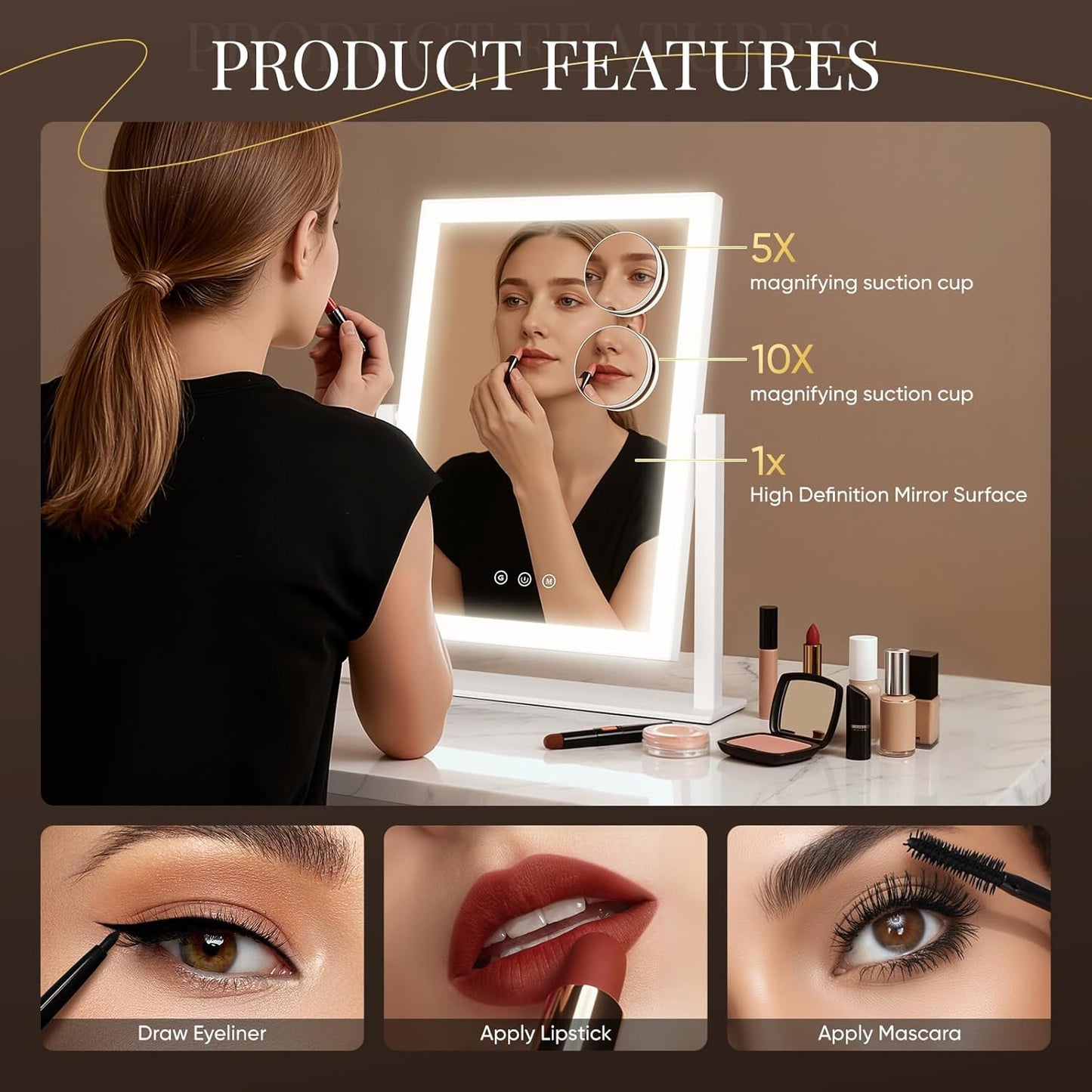 DECADENCE Vanity Mirror with Lights, 17.3’’ LED Makeup Mirror Detachable 10X/5X Magnification, Smart Touch Control, 3 Color Lighting Modes,360°Rotation Tabletop Make Up Mirror for Bedroom Bathroom