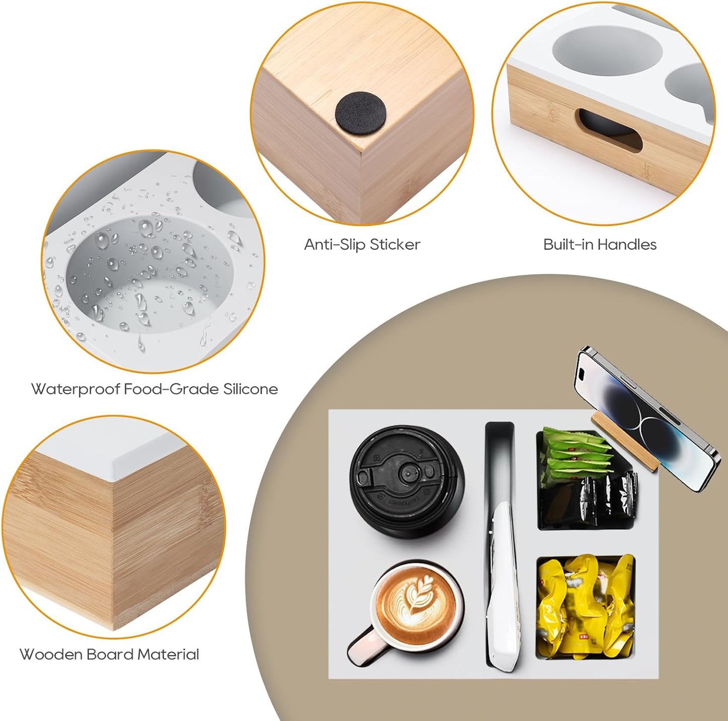 Couch Cup Holder Tray, Couch Caddy with Rotatable Phone Holder, Wooden Sofa Drink Holder with Handle for Bed Car Seat Beach Organizer, Anti-Spill for Snacks Beverage Remote White