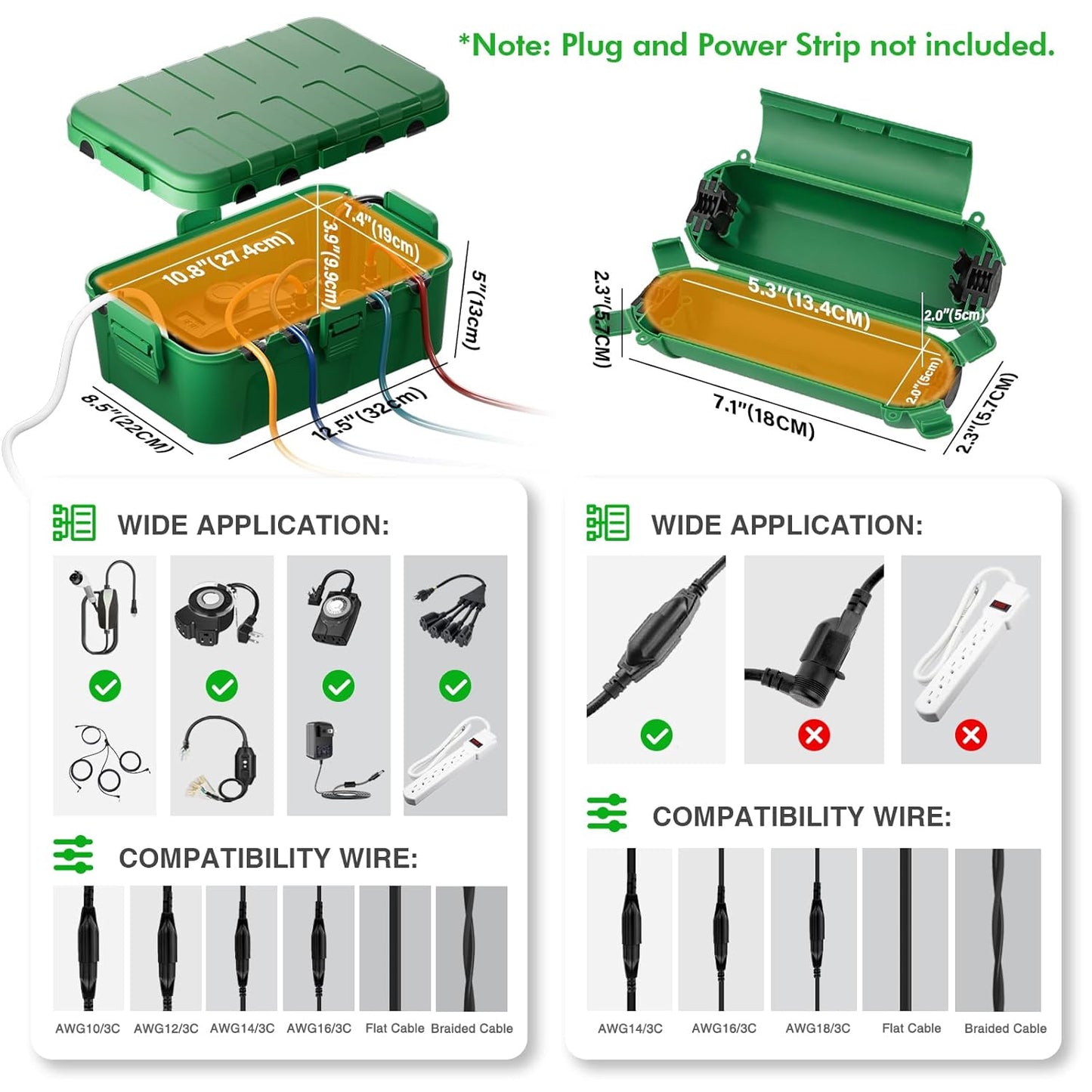 RESTMO 5-Piece Outdoor Waterproof Electrical Box Set – 12.5" x 8.5" x 5" Large & 7.1" x 2.3" x 2.3" Small, Weatherproof Boxes for Power Strip, Outlet, Plug, Socket, Timer, Holiday Light, Green