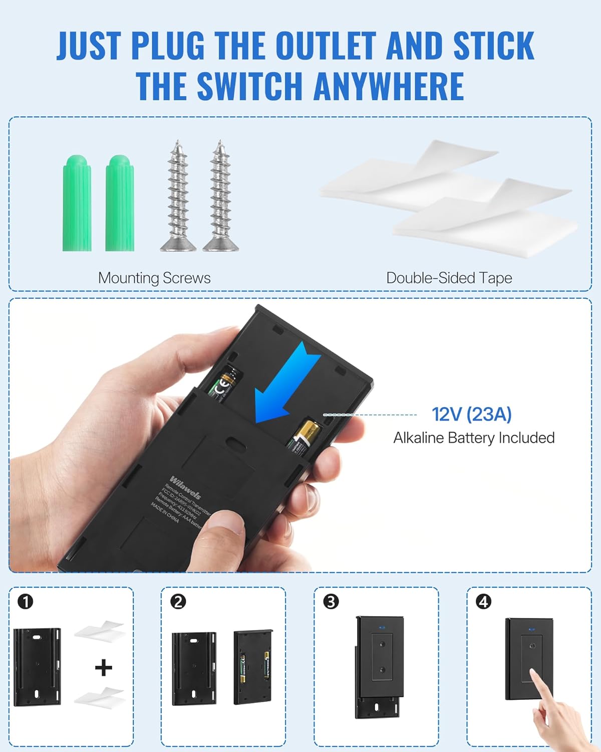 Black Remote Control Outlet Plug, WILAWELS Wireless Light Switch, On Off Remote Switch Outlet for Lights, Lamps, Home Appliance, 100ft RF Range, FCC Listed (1 Controller + 2 Outlets) H05RC1206