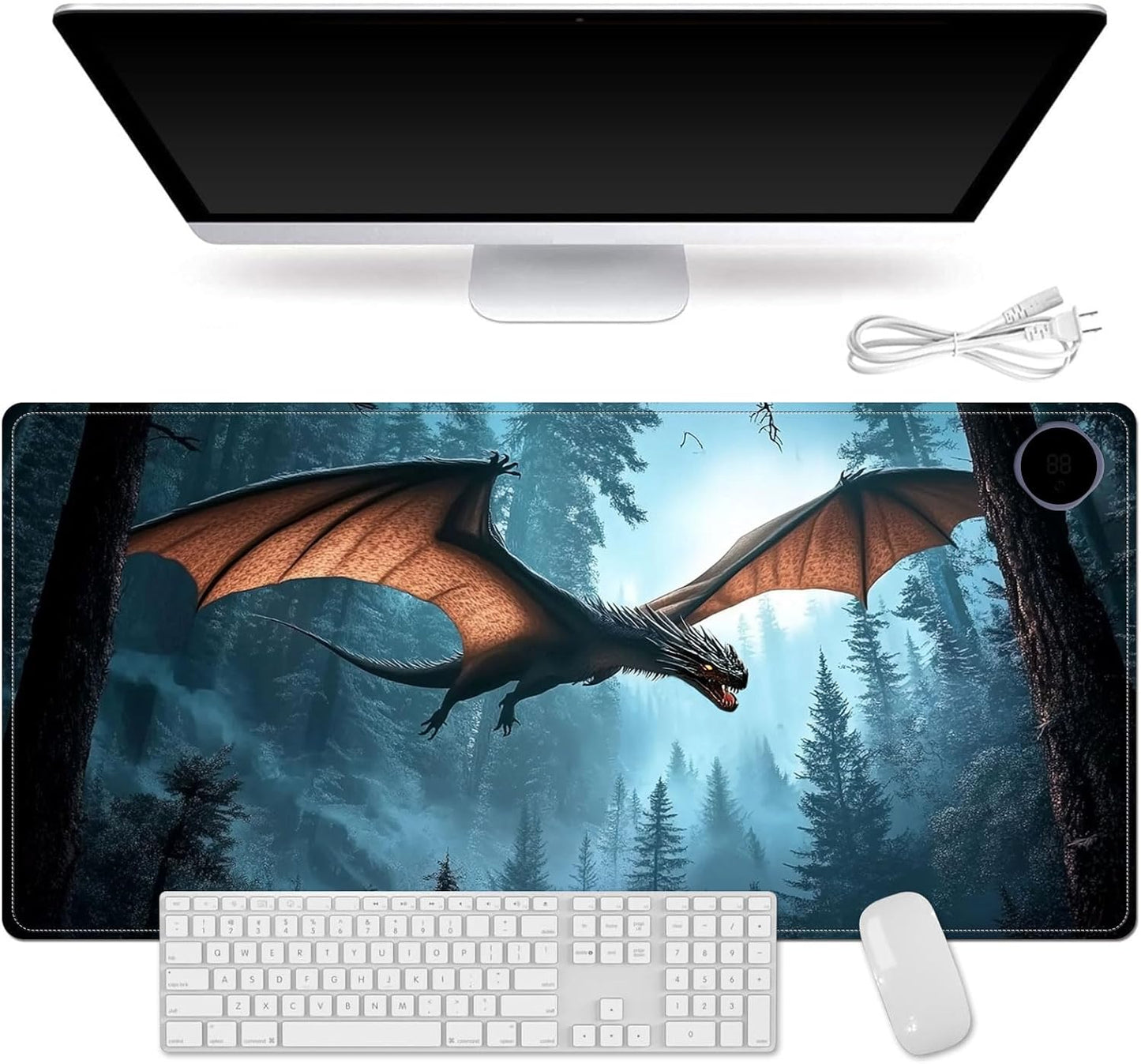 Heated Mouse Pad for Desk 31.5" x 13" – PU Leather Warm Desk Pad with 3 Heat Levels (104°F/113°F/122°F), Plug-in Electric Heating Mat with Auto Shut-Off, Waterproof & Rollable, Flying Dragon