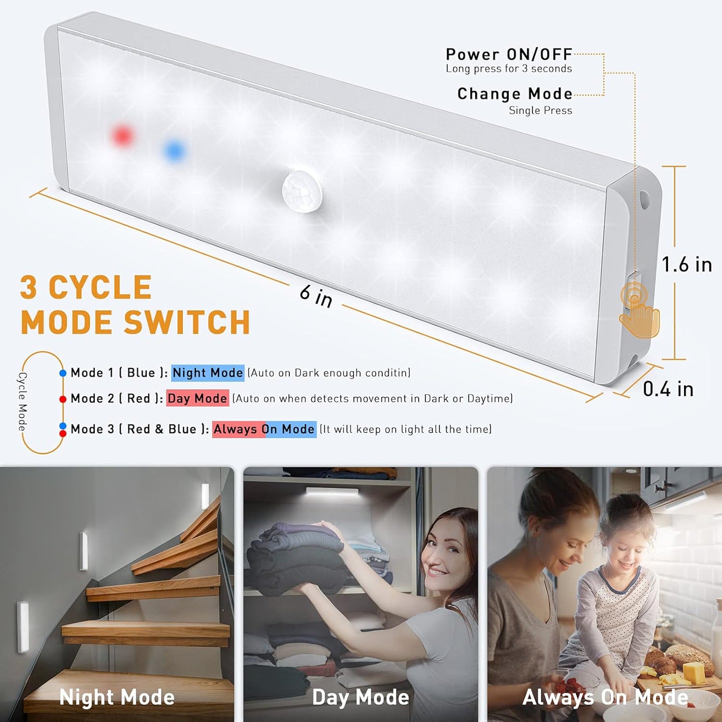 LED Closet Light, 20LEDs Dimmer USB Rechargeable Motion Sensor Light Under Cabinet Lighting, Stick-Anywhere Night Safe Light Bar for Wardrobe,Kitchen-3 Pcs