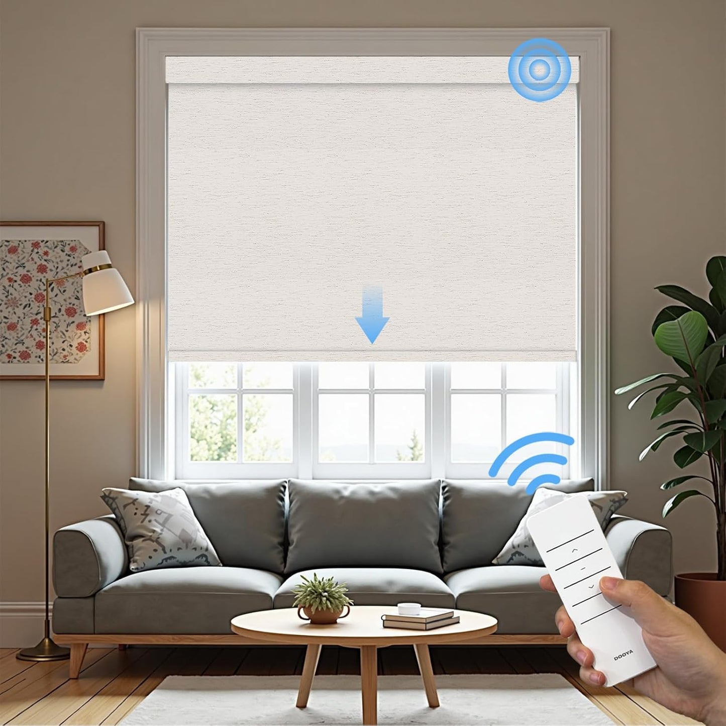 Motorized Roller Blinds with Remote, 100% Blackout Automatic Roller Shades for Bedroom, Bathroom, and Living Room, Customized Size, Lake Ripple Beige