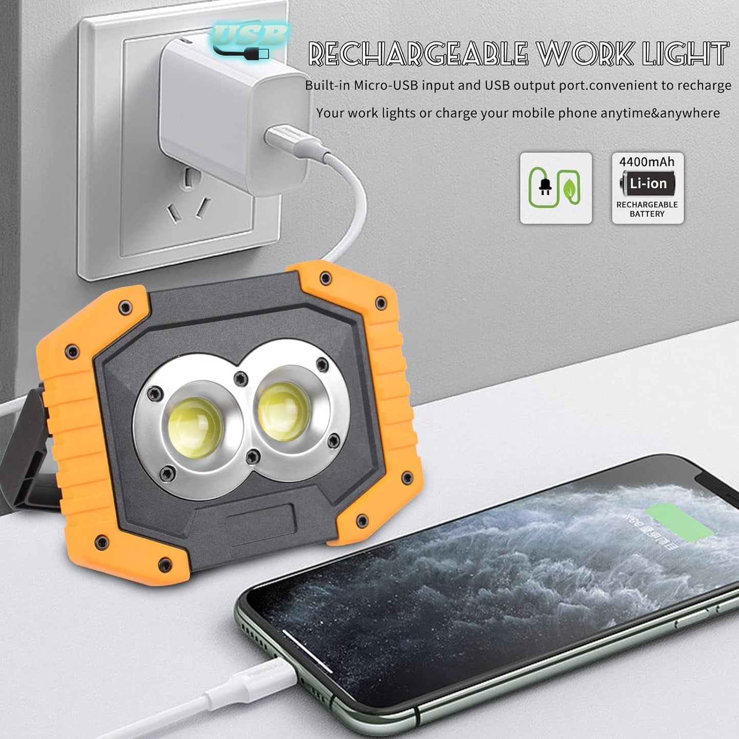 OTYTY LED Work Light 2-Pack, 30W 1500LM Portable Rechargeable Flood Lights with Magnetic Base, 4200mAh Battery for Outdoor, Camping, Hiking, Emergency, Car Repairing, Job Site Lighting (W839 Yellow)
