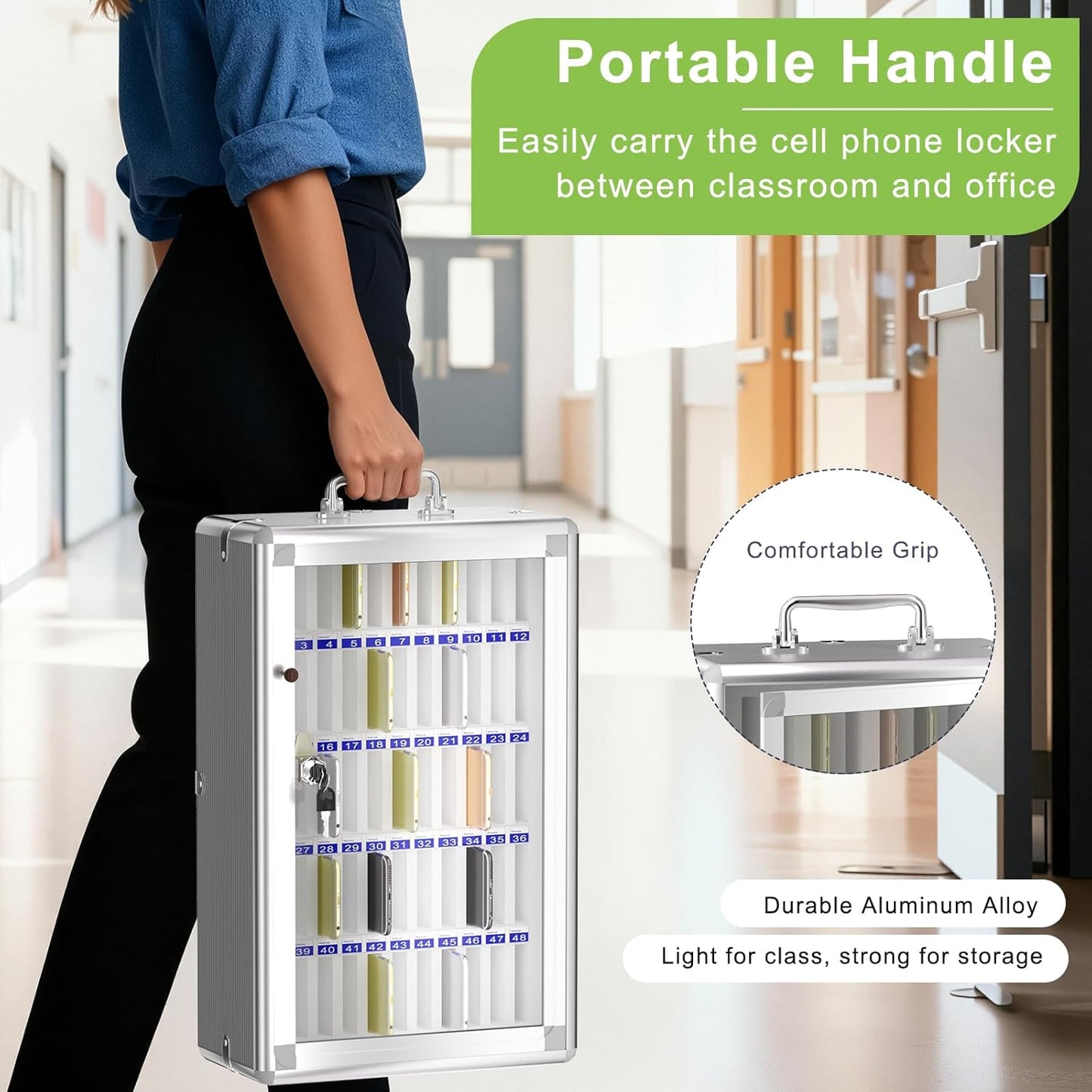 Loghot Aluminum Alloy Pocket Chart Cell Phones Storage Cabinet for Cell Phones, Wall-Mounted Cell Phone Locker Phone Holder with Lock for Classroom, Office, Can be Carried by Hand (60 Slots)