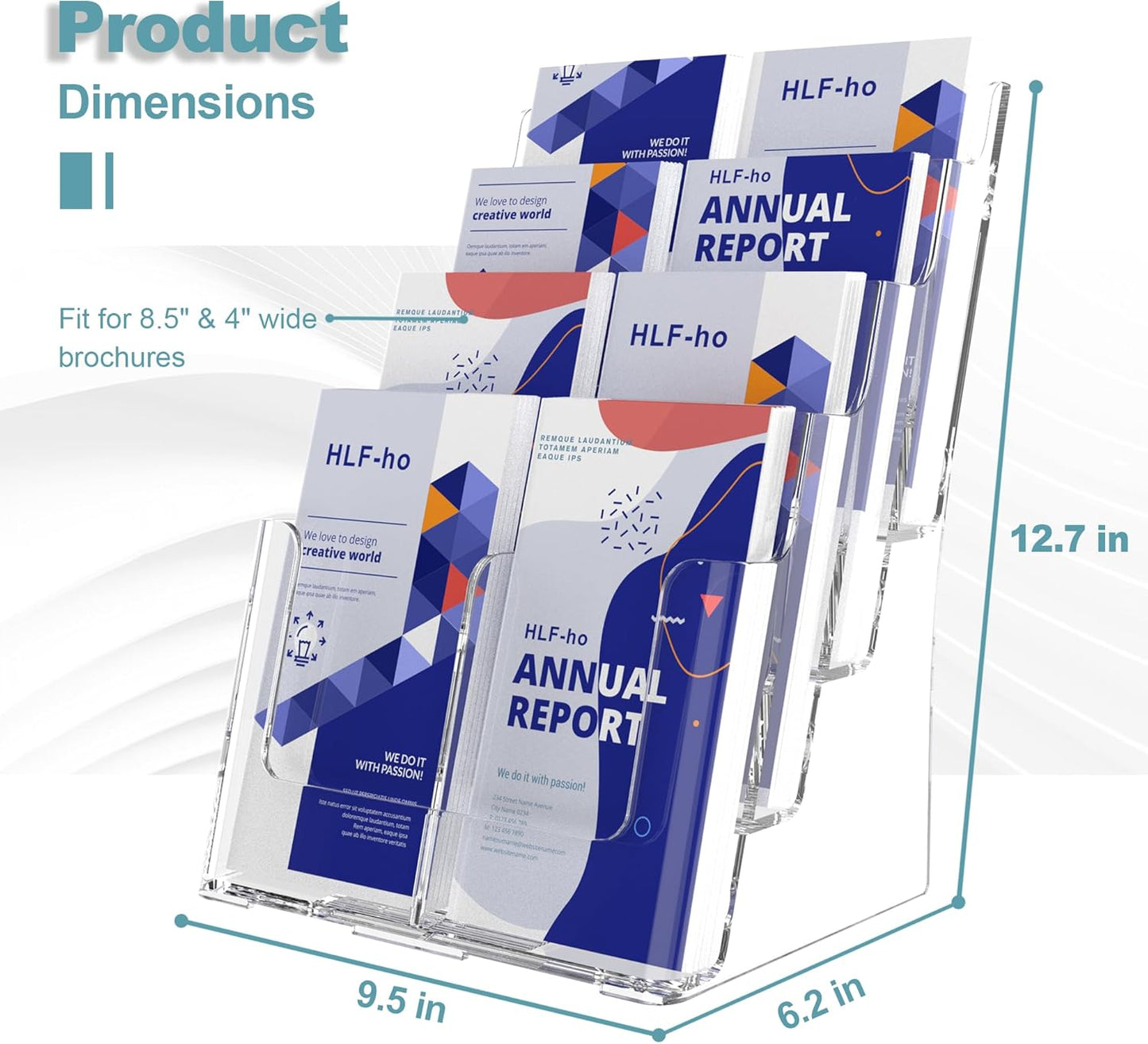 Brochure Holder 8.5x11 Inch 4 Tier with Removable Divider for 4x9 inch Clear Acrylic Pamphlet Display Stand Holder Countertop Use or Wall Mount for Office, Lobby, Hotel, Trade Show, 2 Pack