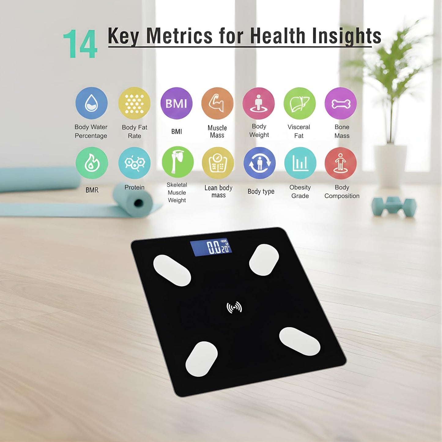 Smart Scale for Body Weight – Body Fat, BMI & Muscle Mass Analyzer – Digital Bathroom Scale with Bluetooth App Sync –Black Tempered Glass, 400 lb Capacity