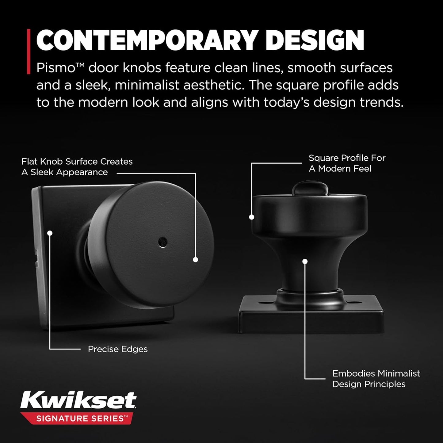 Kwikset Pismo Interior Privacy Door Knob with Lock, Door Handle For Bathroom and Bedroom, Matte Black Keyless Turn Lock Doorknob, with Microban Protection