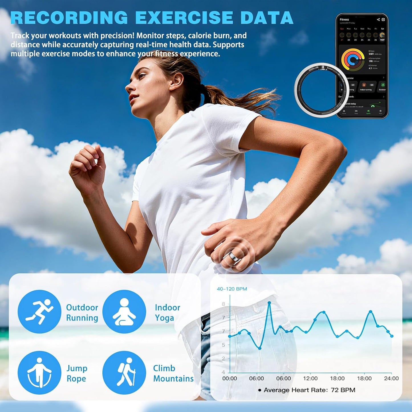 Fitness Tracker Ring for Women Men - Smart Ring with Heart Rate, Blood Oxygen, Sleep Tracker, IP68 Waterproof Activity Tracker (Silver 8)