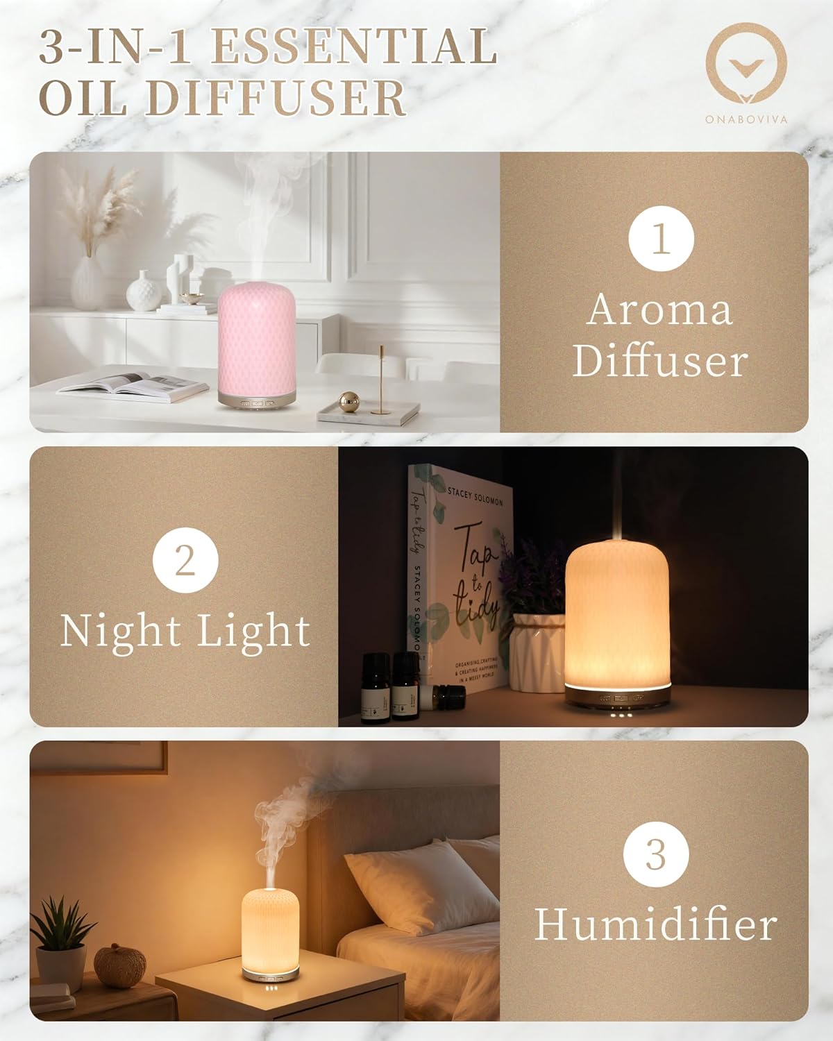 Essential Oil Diffuser for Home, 120ML Diffusers for Essential Oils Large Room, Ceramic Diffuser with USB Cable, Warm Ambient Light, Aromatherapy Diffuser Home Decor, Gift Choice, Pink