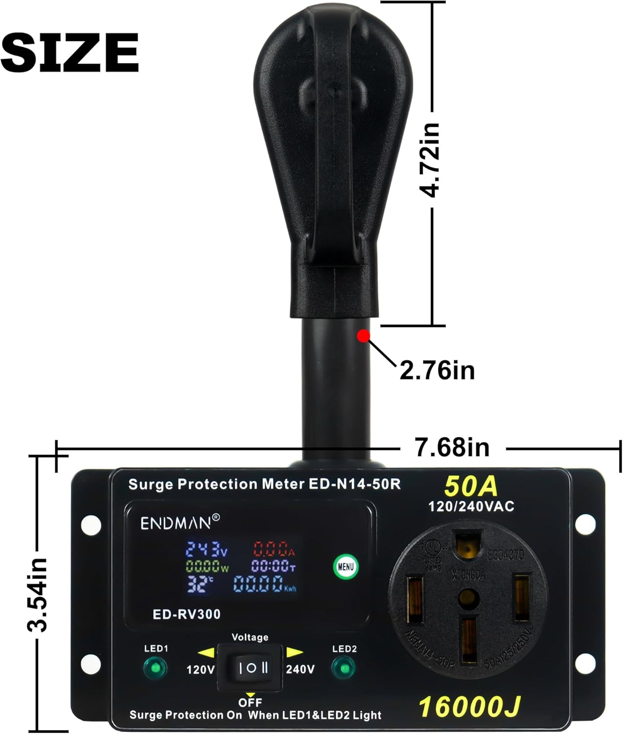 RV 50 Amp Surge Protector AC Power Meter,16000Joules 240V NEMA 14-50P LCD Dispaly KWH,Voltage Monitor with LED Display,10AWG Cable