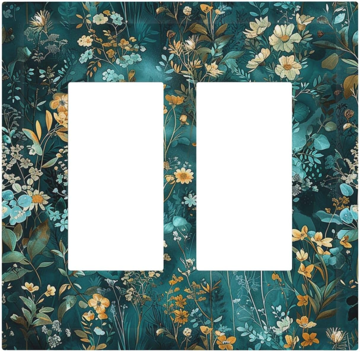Decorative Outlet Covers Green Leaf Floral Boho Golden Flower Plant 2 Gang Double Gfci Rocker Electrical Wall Panels Light Switch Cover Plate For Bed Room Cabin Decor