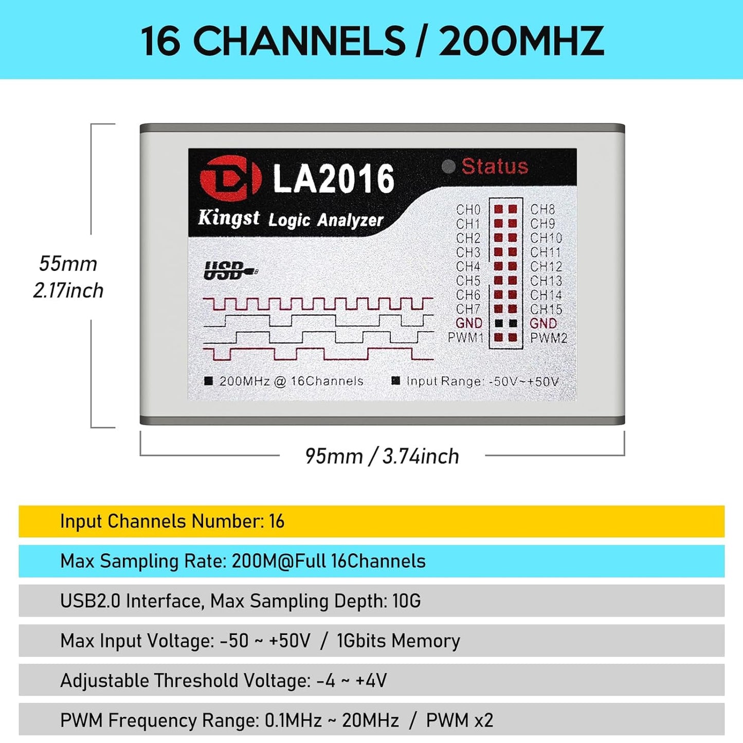 USB Logic Analyzer LA2016 16 Channel 200MHz 1G Memory with English PC Software Portable High Speed Supports I2C SPI CAN UART for Windows MacOS Linux