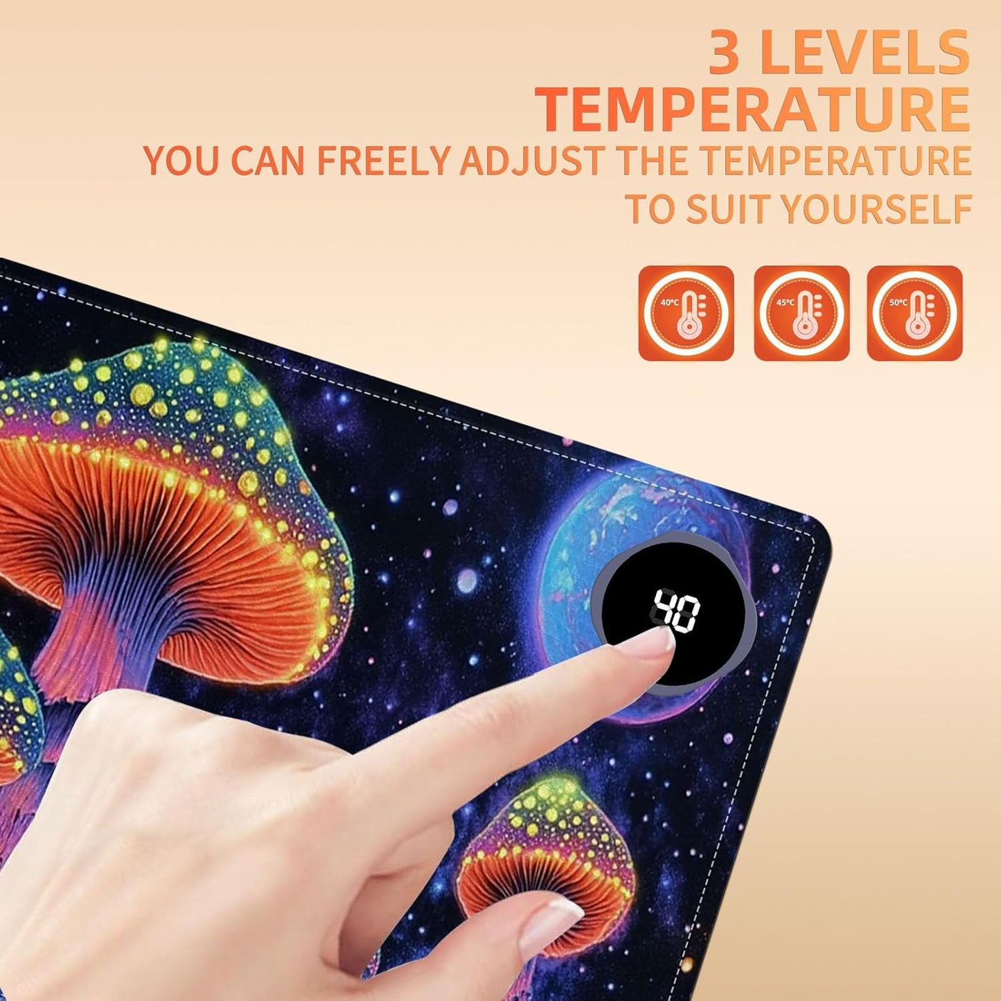 Heated Mouse Pad 31.5x13 in 3-Temp Fast Heating Desk Mat with Auto Timer Warmer for Hands Wrist Pain Relief Waterproof Keyboard Mat for Office, Gaming, Home, Mushroom Galaxy Art