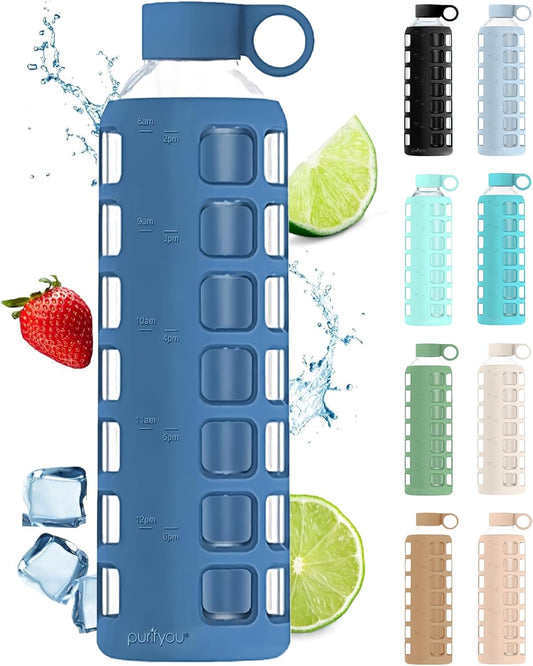 purifyou 40oz / 32oz / 22oz / 12oz Borosilicate Glass Water Bottle with Time & Volume Markers, Silicone Sleeve, Stainless Steel Lid – Reusable Glass Bottle for Water & Juice (32oz Chinese Porcelain)
