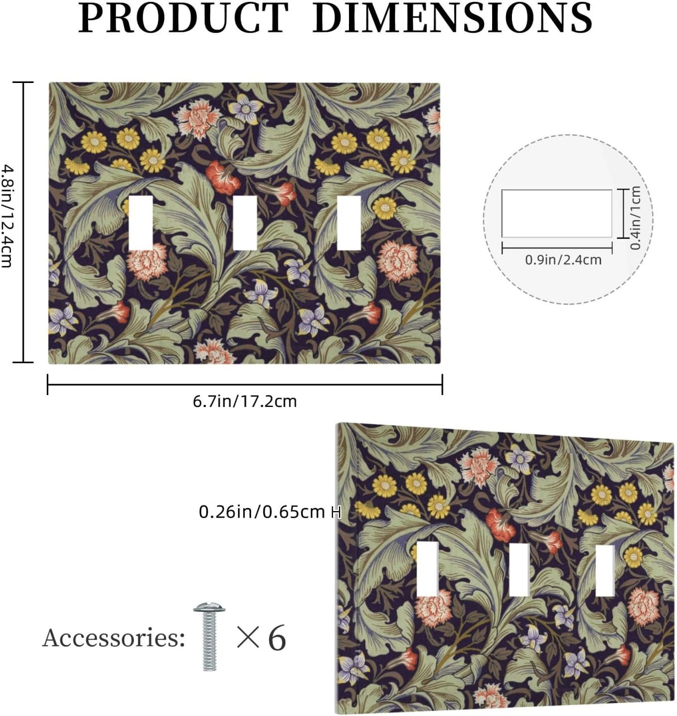 Boho William Morris Floral Green Leaves Flower Decorative Switch Plates 3 Gang Wall Plate Triple Toggle Light Switch Cover Faceplate Electrical Wall Panels for Farmhouse Home Decor