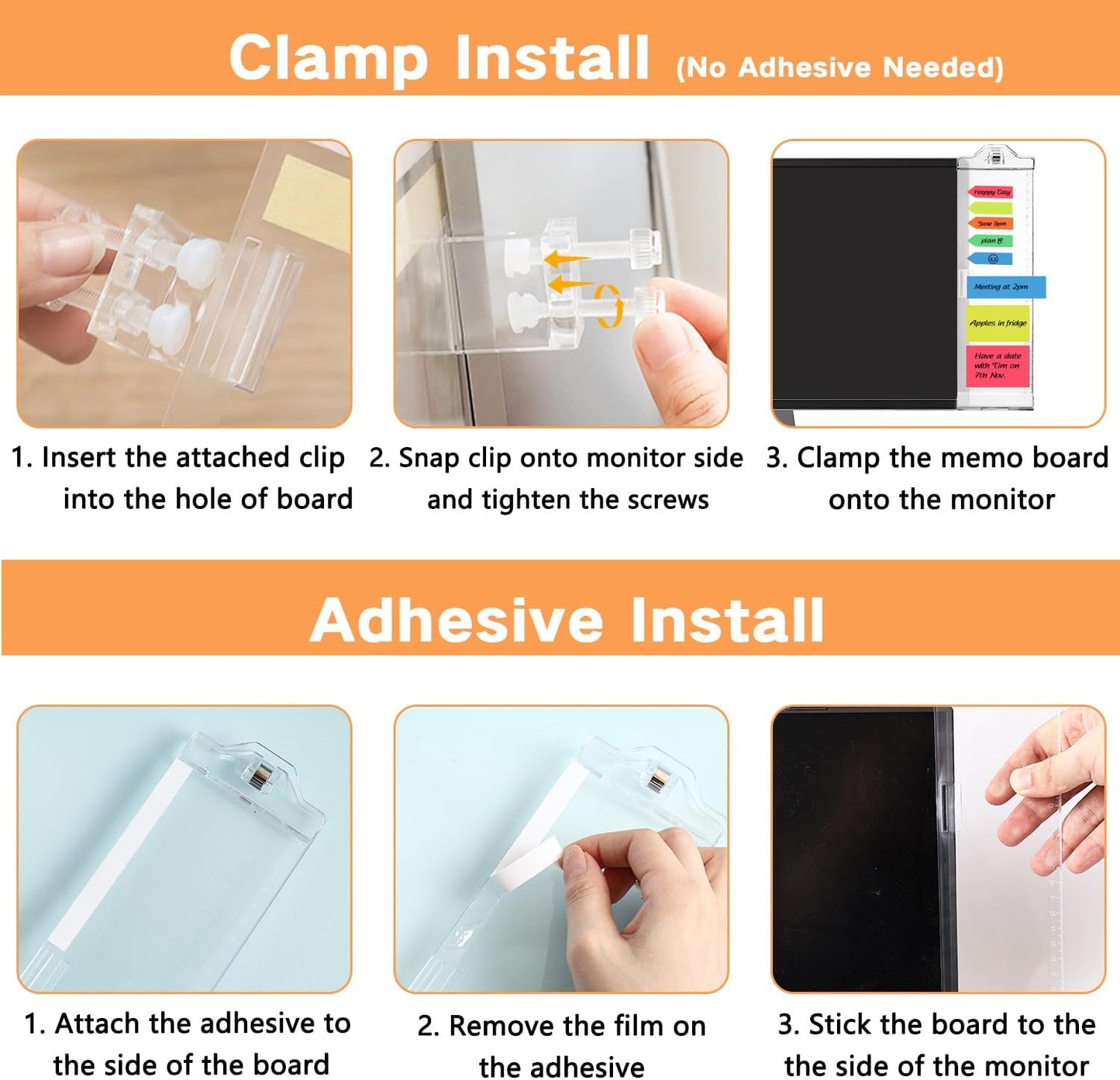Monitor Memo Boards for Computer, Upgrade Transparent 3 PCS (Left & Right & Bottom) Multifunction Screen Message Reminder Pad Side Panel Phone Holder Organizer for Office Desktop, with Pen Sticky Note