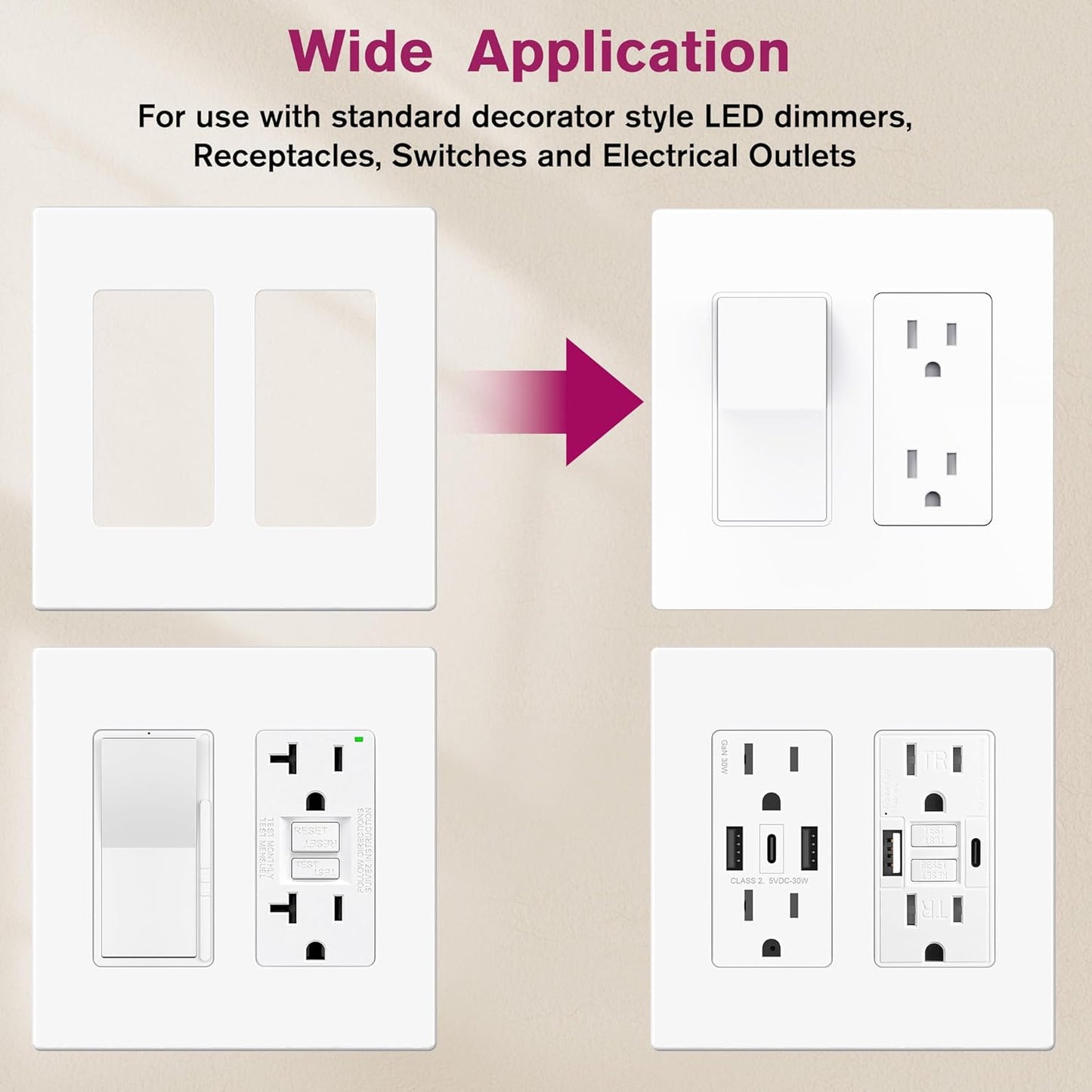 EMITEVER 2-Gang Screwless Decorator Wall Plate Cover for Receptacle Outlet & Light Switch, Standard Size 4.53"H x 4.53"W, Unbreakable Thermoplastic Faceplate, UL Listed, Matte White 5-Pack