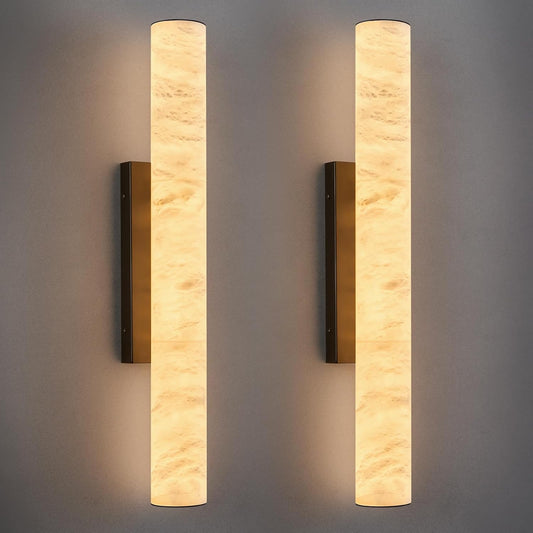 LMQNINE Natural Alabaster Wall Sconces Set of Two Spanish Marble Wall Light Cylinder Modern Black LED Sconce for Living Room Bedroom Bathroo Stairs（M-2Pack）