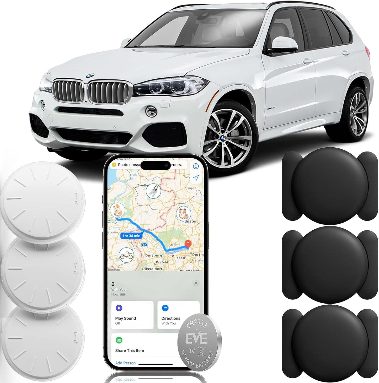 Car GPS Tracking Device for Vehicles, 3PCS Real Time GPS Tracker for Car Work with Find My (iOS Only),Hidden Mini GPS Tracker,No Monthly Fee (White Tracker, Black Magnetic Case)
