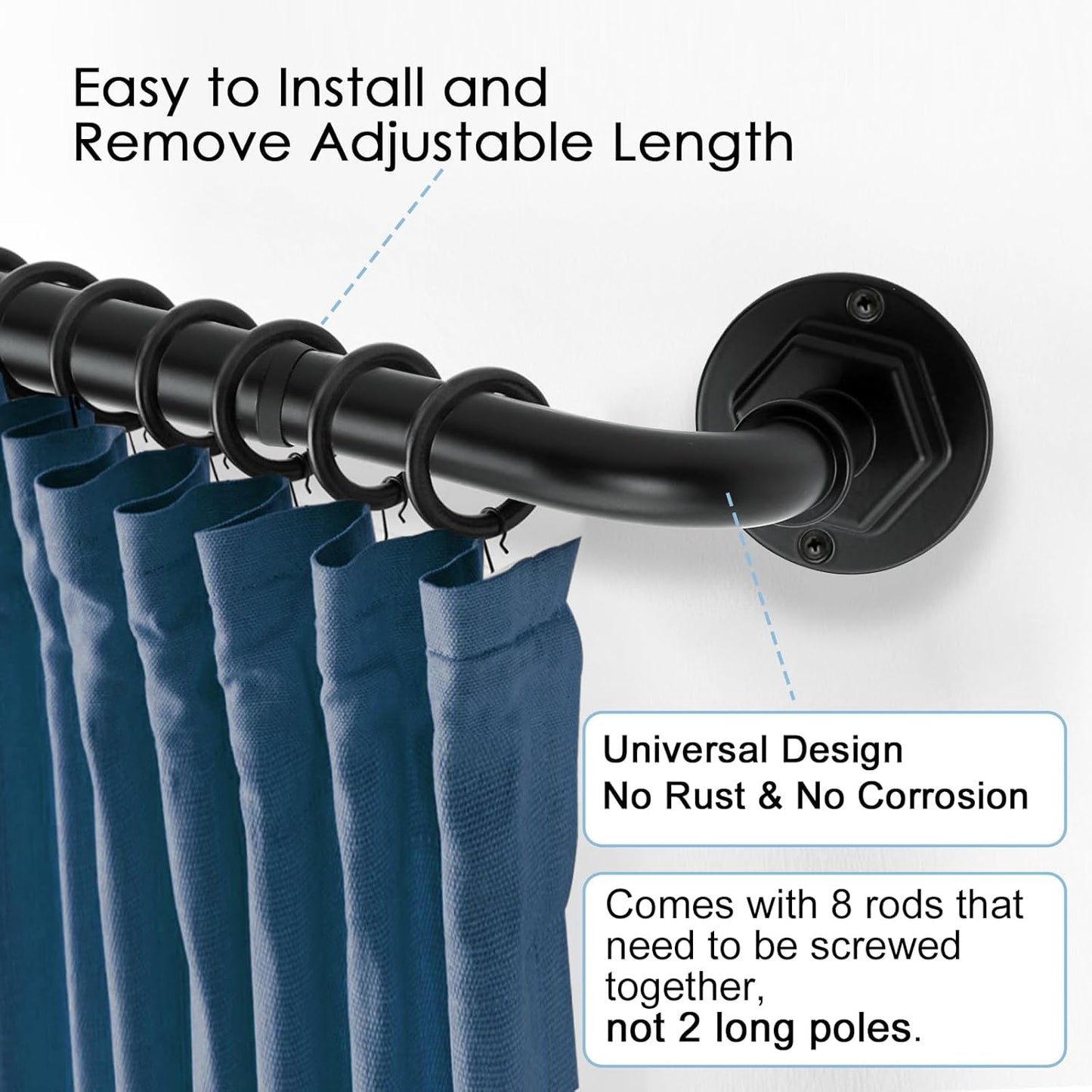 Curtain Rods for Windows 16 to 120 Inches Adjustable Blackout Wrap Around 1 Inch Diameter Curtain Rod, Black