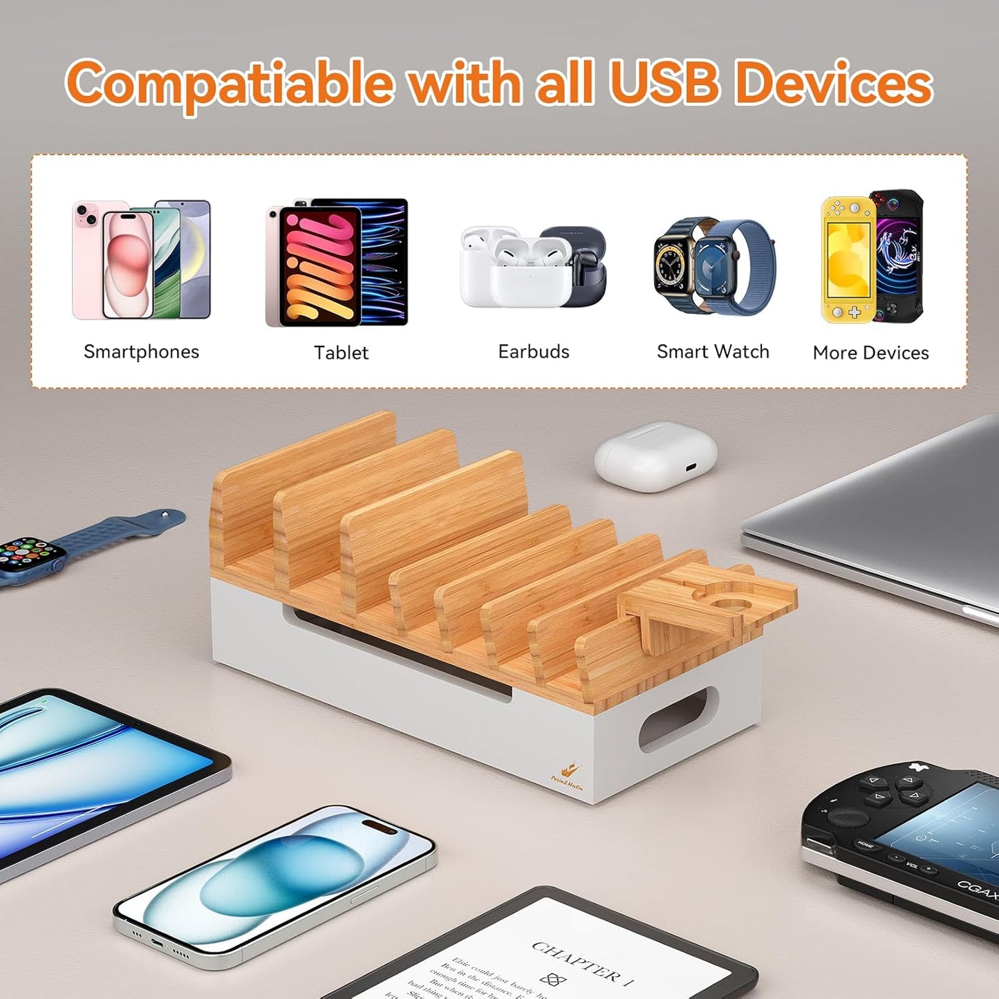 Pezin & Hulin Bamboo Charging Station with Watch Stand, Docking Holder for Multi Device with USB Charger HUB, 5 Charge Cables, Desktop Electronic Organizer for Phone, Tablet, Watch-Natural + White