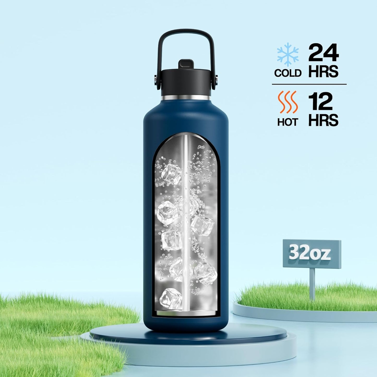 POWCAN 32 oz Water Bottle Insulated: BPA-Free, Leakproof Lid with Straw, Lightweight, Flex Cap, Stainless Steel Water Bottle for Hoilday, Men, Commute, Worker, Walking, Cycling, Daily (Indigo Blue)