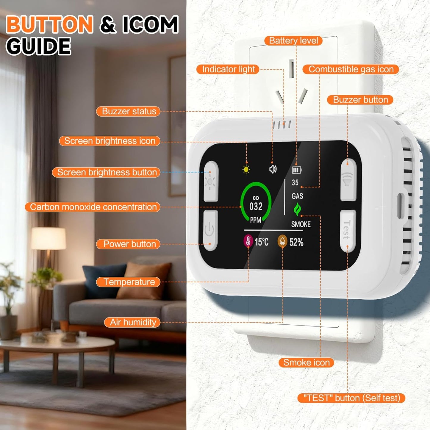 6 in 1 Carbon Monoxide Detectors Plug in, Natural Gas Detector with Smoke, Temp & Humidity Alarm, Portable 1000mAh Battery Backup, HD Digital Screen, 24/7 Home Safety for House, RV, Apartment, Travel