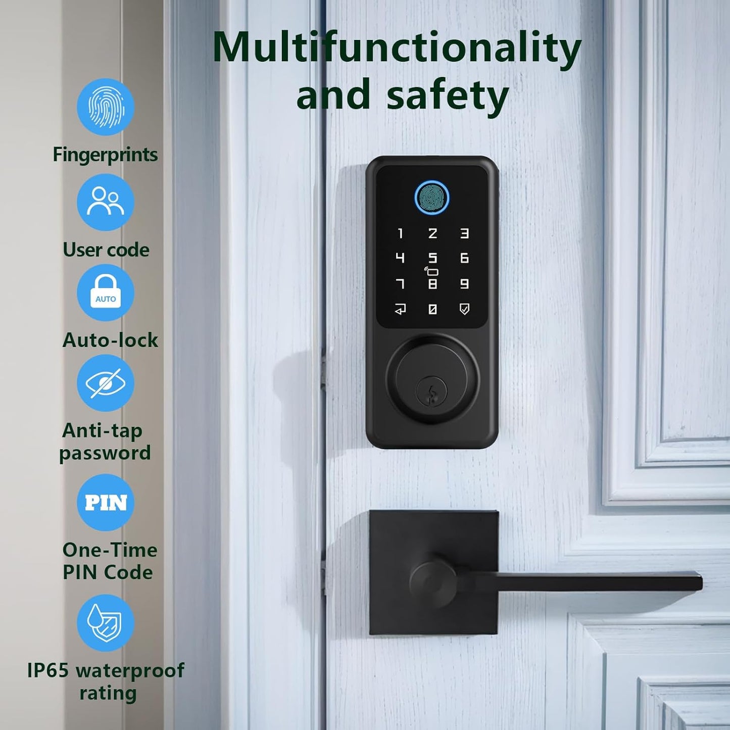 Smart Door Lock Set, Fingerprint Door Lock with Lever Handle, Black Keyless Entry Lock with App, Keypad Deadbolt for Home