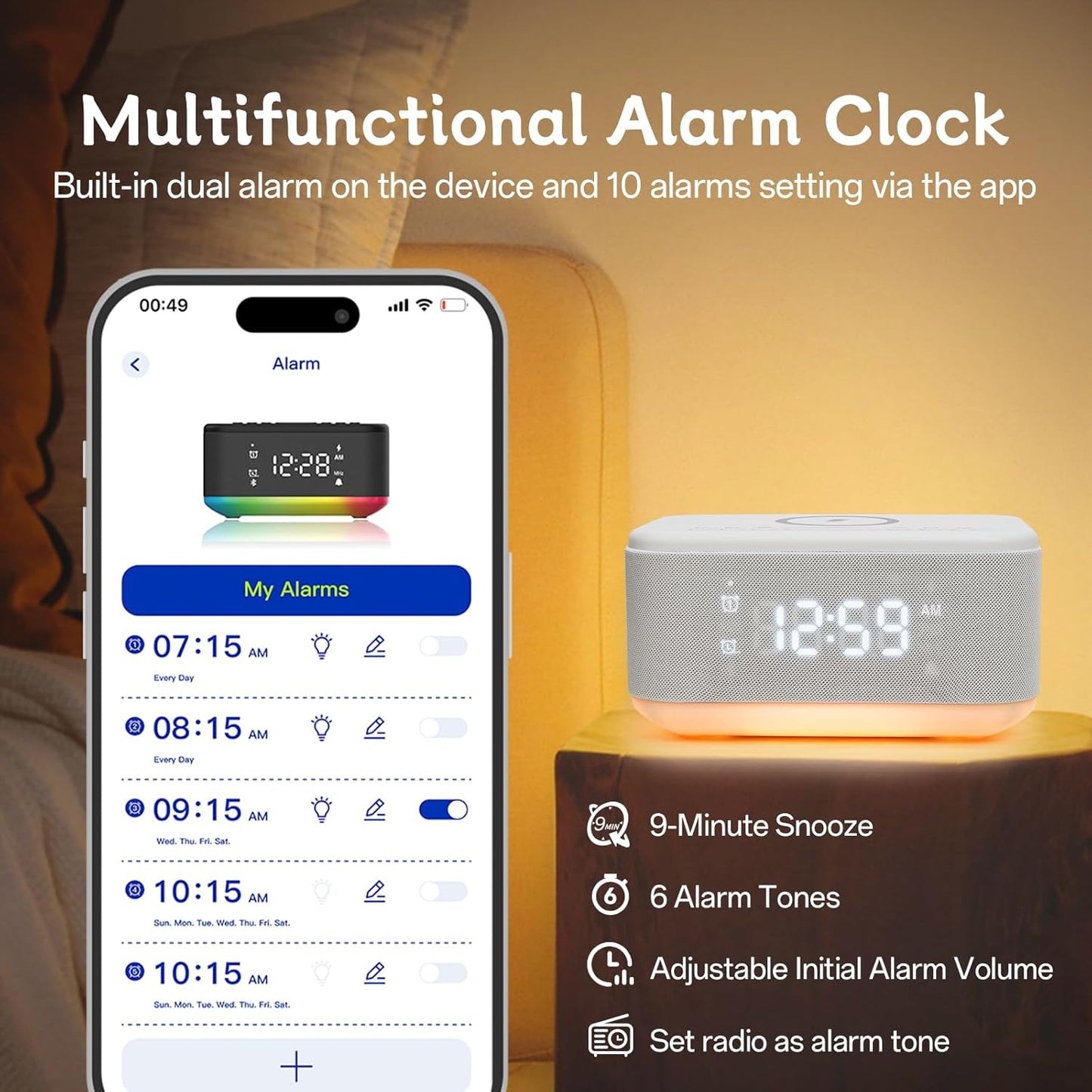 Bluetooth Alarm Clock Radio Bedroom, Digital Dual Alarm Clock Bedroom, Up to 10 Alarms Clock Night Light Speaker App/Button Control FM Charge Snooze Adjustable Volume Dim 12/24H, White