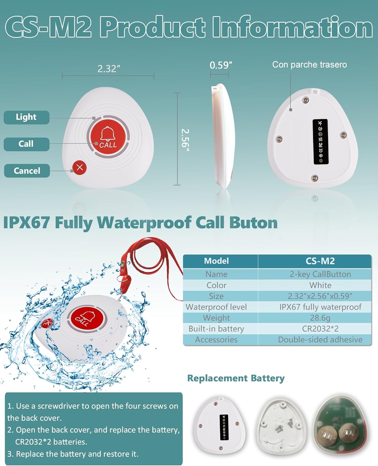 Wireless Caregiver Pager Nursing Calling System Elderly Alarm with 1 Display Receiver and 10 Waterproof 2 Key Call Buttons for Nursing Home Clinic (10 M2 Call Buttons)