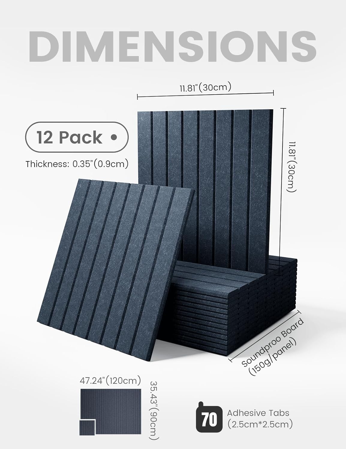 Large Felt Bulletin Board 48" x 36" Cork Board Alternative-12 Pack with 70 Safe Removable Adhesive Tabs, Cork Boards for Walls for Home Office Classroom Pin Board (Deep Charcoal Blue)