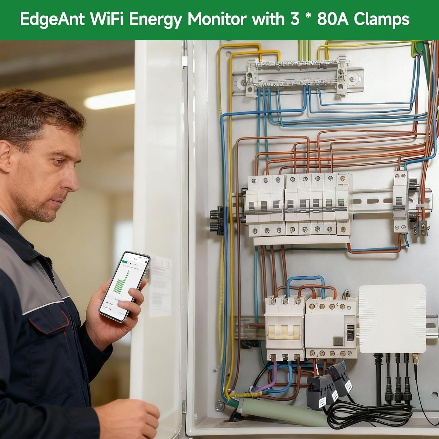 Smart Home Energy Monitor with 3 80A Clamps EdgeAnt, Real-Time Accurate Energy Consumption Tracking and Save Money, Home Energy Automation and Control, Solar Net Metering 2.4 GHz WiFi