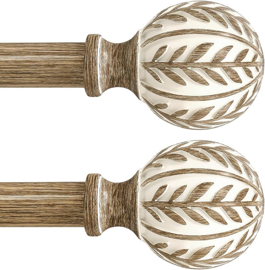 2 Pack Boho Wood Curtain Rods for Windows 48 to 84 inch,1" Adjustable Heavy Duty Window Curtain Rod with Imitation Wood Grain Finials,Rustic Decorative Drapery Rods Set 36-88'',Weathered Wood