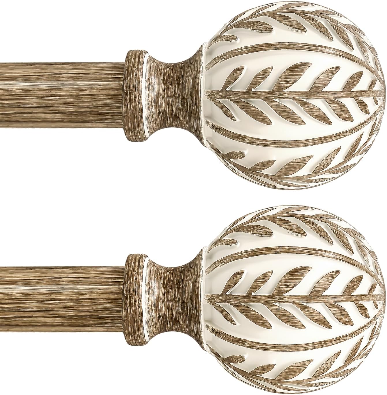 2 Pack Boho Wood Curtain Rods for Windows 66 to 120 inch,1" Adjustable Heavy Duty Window Curtain Rod with Imitation Wood Grain Finials,Rustic Decorative Drapery Rods Set 36-120'',Weathered Wood